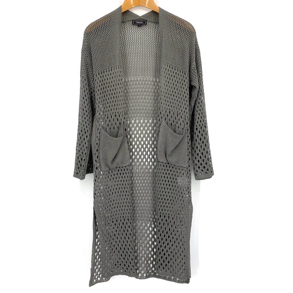 Minkas Taupe Mesh Knit Open Front Long Cardigan with Pockets, Small - Picture 10 of 16